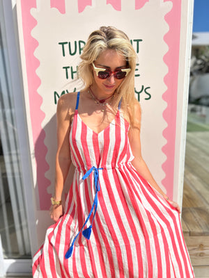 FRENCH LINEN / SUMMER MAXI DRESS MELON STRIPE