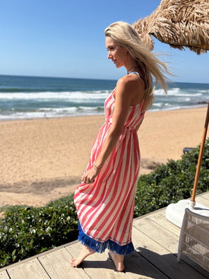 FRENCH LINEN / SUMMER MAXI DRESS MELON STRIPE