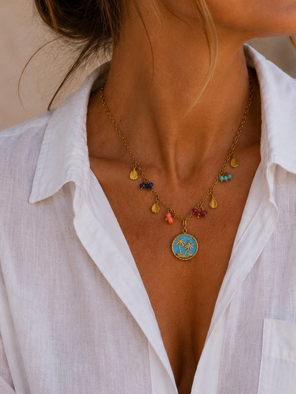 DELICATE CHAIN W/ ASSORTED CHARMS & TURQ PENDANT