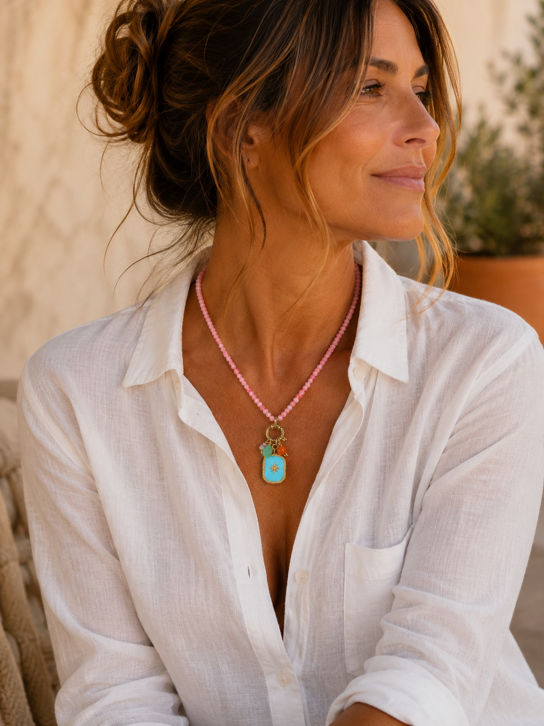 PINK GEMSTONE NECKLACE W/ TURQ PENDANT
