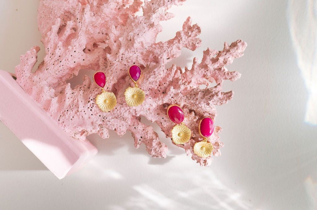 PINK STONE GOLD FLOWER EARRINGS