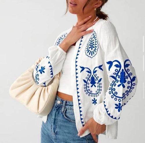 WHITE & BLUE STATEMENT BLOUSE