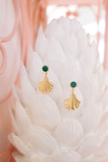 GREEN STONE & GOLD SHELL EARRINGS