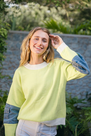 DENIM SLEEVE ROUND NECK KNIT