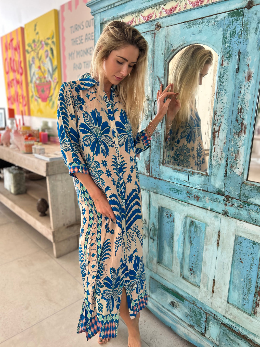HAVANA LONG SHIRT DRESS / BLUE PALM