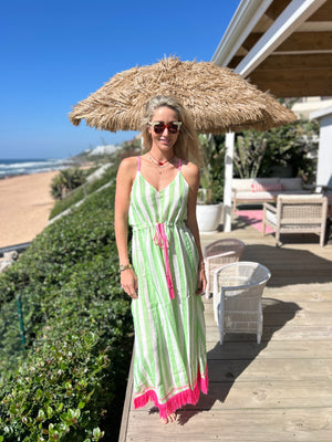 FRENCH LINEN / SUMMER MAXI DRESS GREEN STRIPE