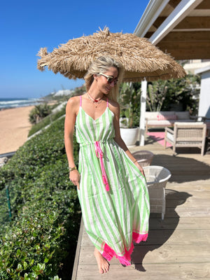 FRENCH LINEN / SUMMER MAXI DRESS GREEN STRIPE