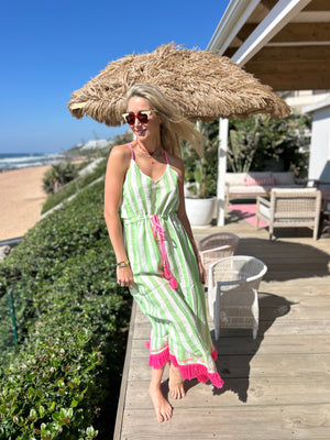 FRENCH LINEN / SUMMER MAXI DRESS GREEN STRIPE