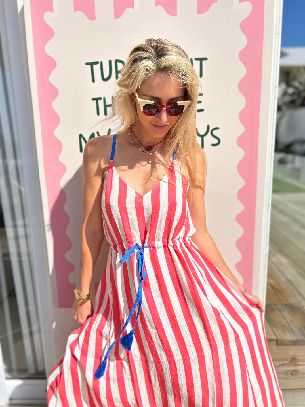 FRENCH LINEN / SUMMER MAXI DRESS MELON STRIPE