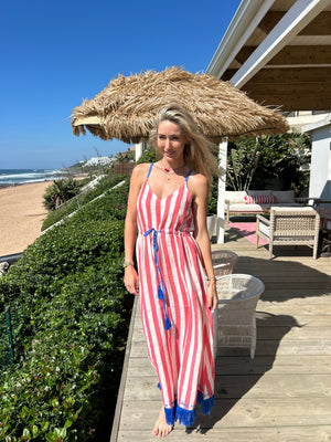 FRENCH LINEN / SUMMER MAXI DRESS MELON STRIPE