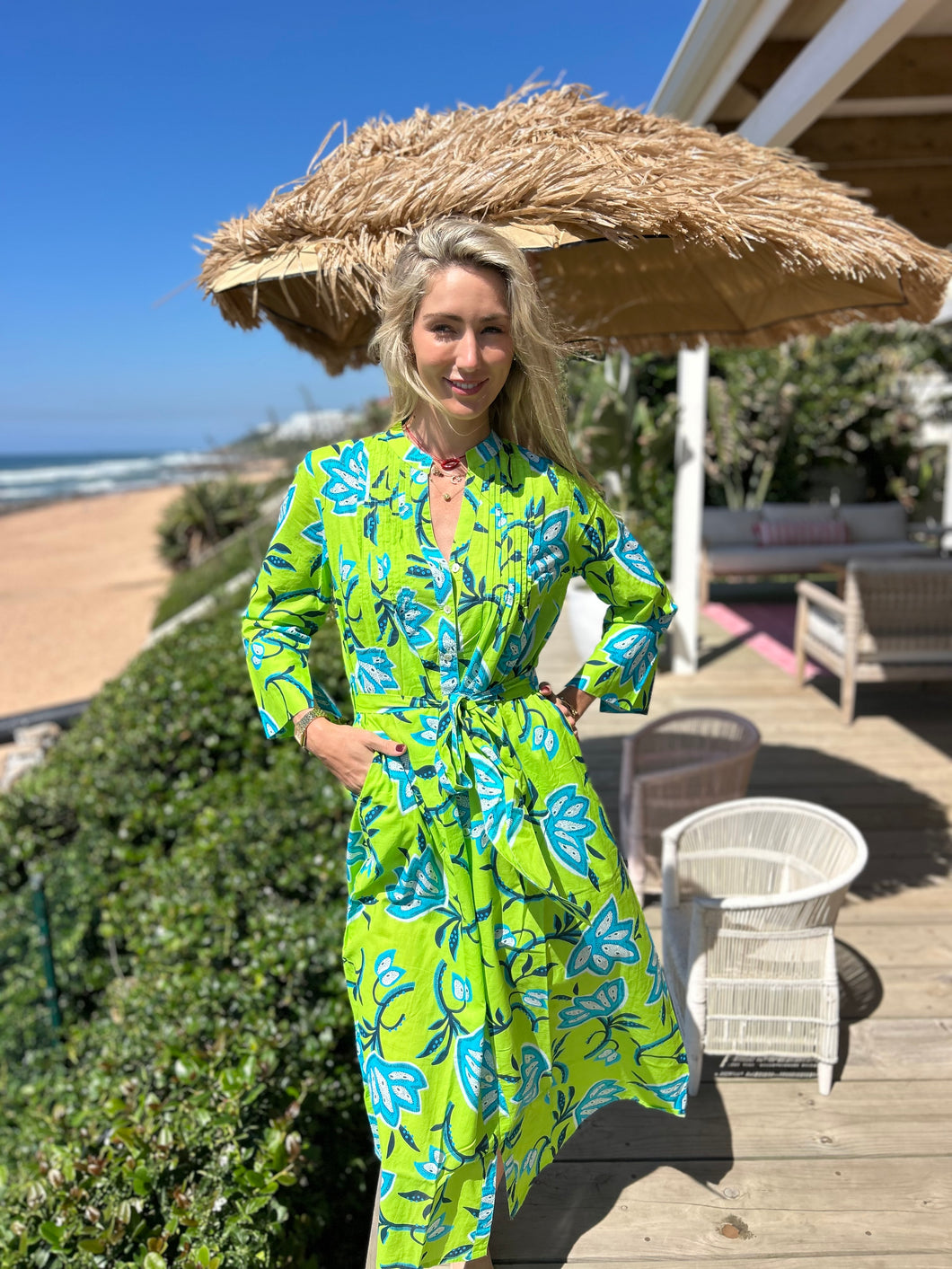 PALM BEACH / LONG PINTUCK DRESS / LIME FLOWER