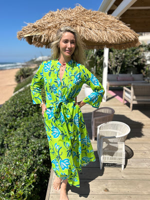 PALM BEACH / LONG PINTUCK DRESS / LIME FLOWER