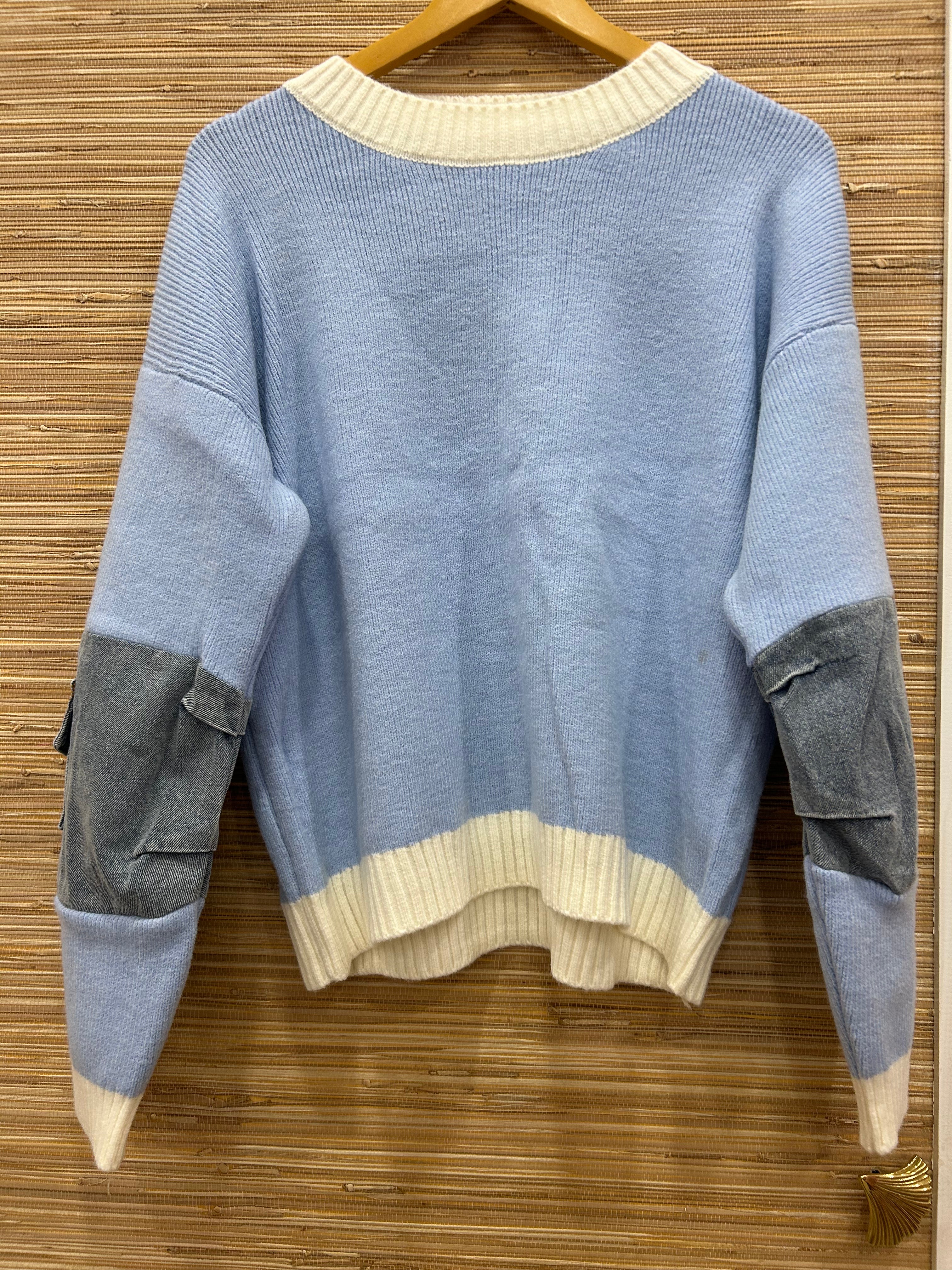 DENIM SLEEVE ROUND NECK KNIT