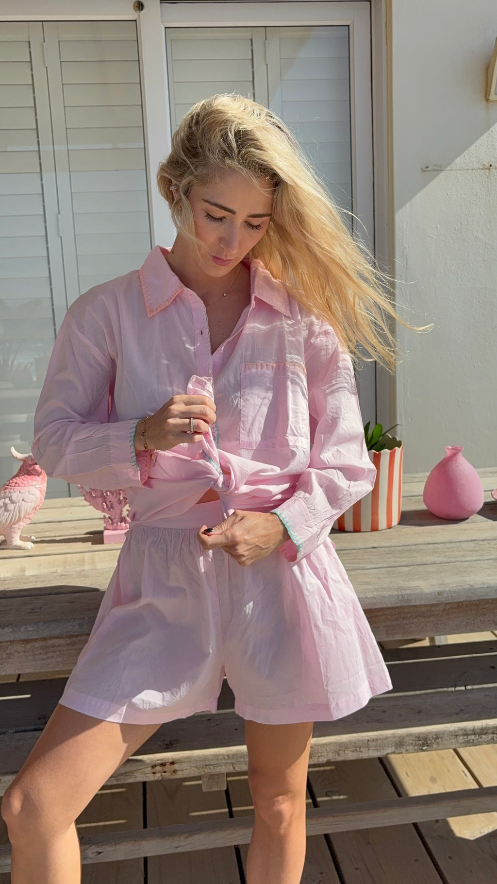 COTTON SHORTS / PINK BLANKET STITCH