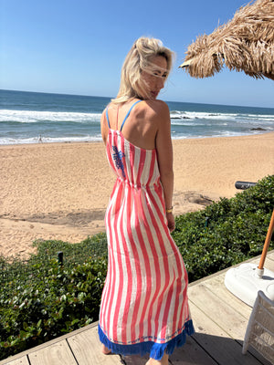 FRENCH LINEN / SUMMER MAXI DRESS MELON STRIPE