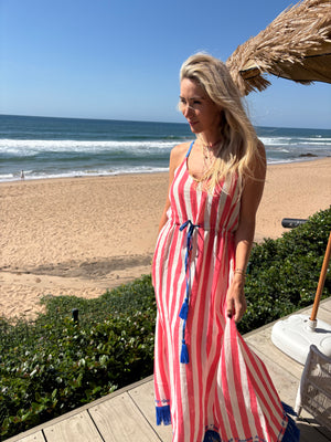 FRENCH LINEN / SUMMER MAXI DRESS MELON STRIPE