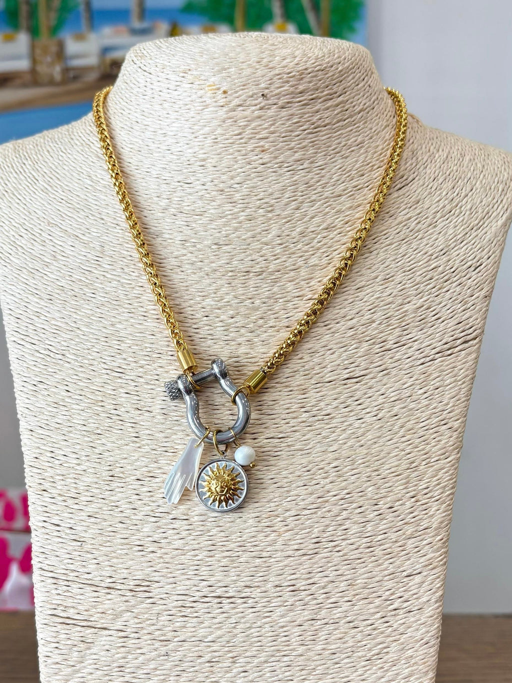 GOLD CHAIN W/ SILVER CLASP SUN & PEARL